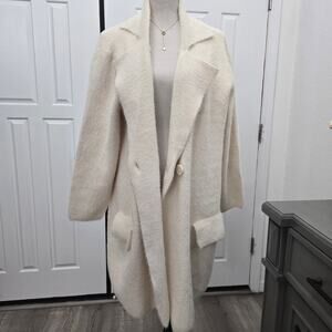 Women's Cream Soft Fuzzy Coatigan Cardigan Jacket S/M Cozy Minimalist Oversize